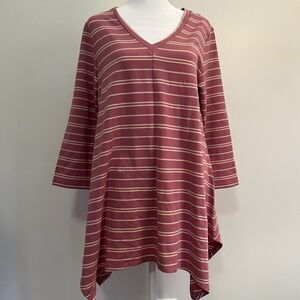 Garnet Hill Pop-Over Soft Stretch Knit Tunic Sz M Pink Stripe V Neck 3/4 Sleeves